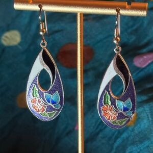 🎨 Vintage Cloisonné Enamel Dangle Earrings – Teardrop Floral Boho Statement